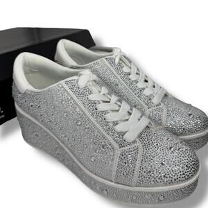 NEW INC Silver rhinestone wedge sneakers Size 8.5 Glam Platform Lace up Shoes